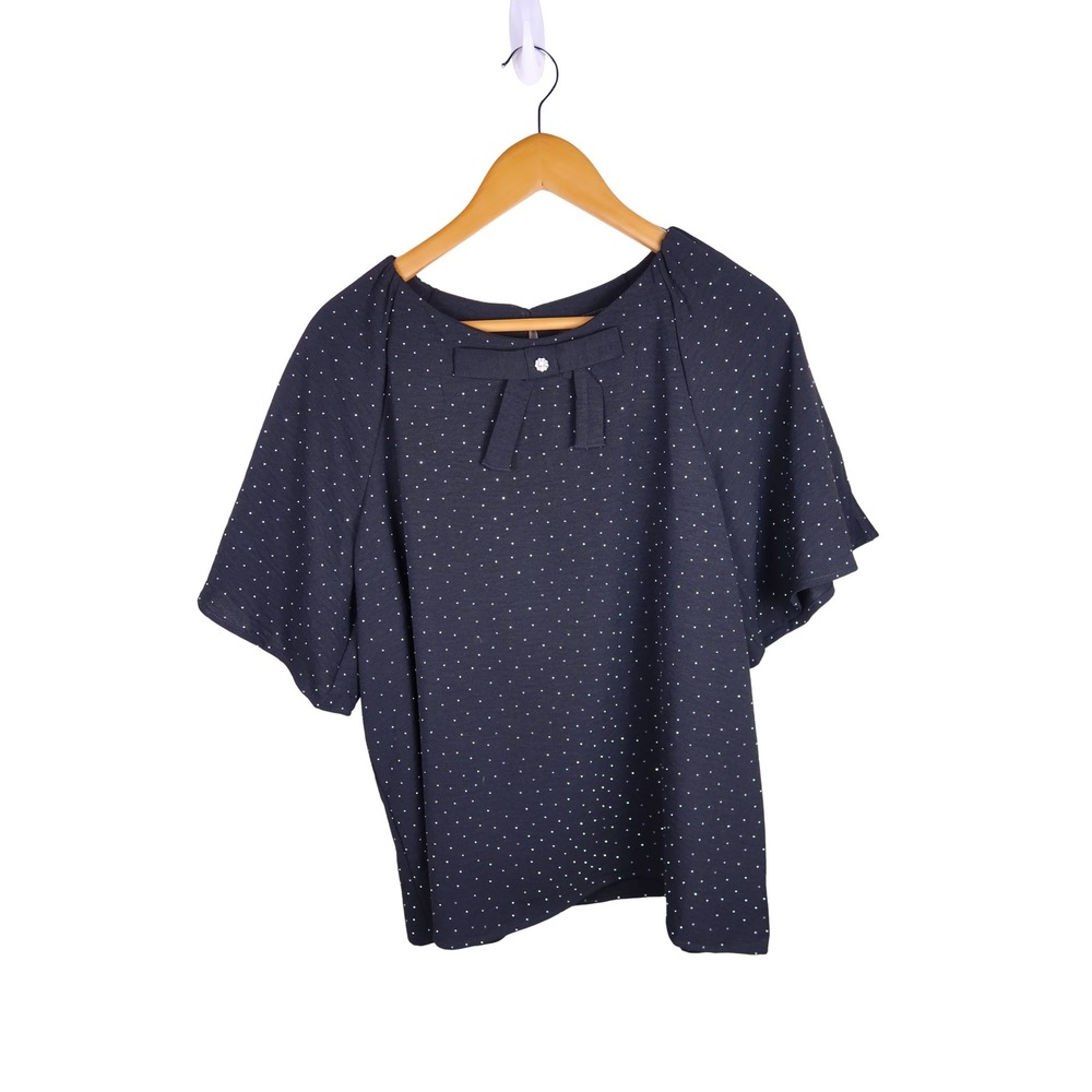 Black Polka Dot Bow Blouse Short Flutter Sleeve Rhinestone Top Size L